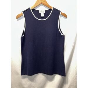 Style & Co Sz Small Navy Sweater Vest Sleeveless Knit White Trim Dark Academia
